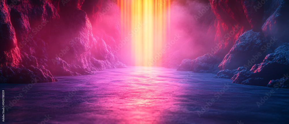 Fototapeta premium Vibrant Neon Glow Illuminates Surreal Cave Landscape