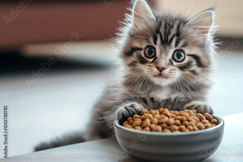 A close-up of a kitten sitting in front of a stylish ceramic bowl full of dry pet food, waiting excitedly, minimalist home interior on background.