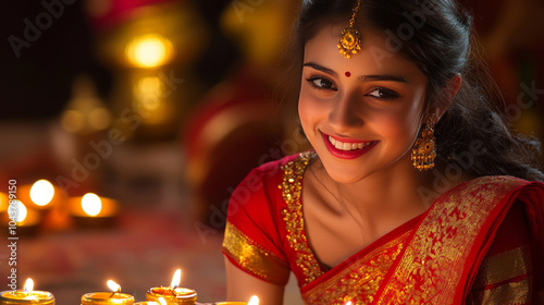 an indian young happy girl in traditional attire celebrating diwali