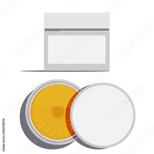 Cosmetic face care, gold face patches and jar with material front and top view, vector isolated on white background..