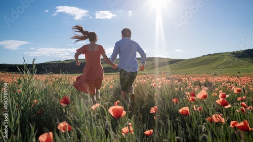 Romantic couple joyfully running through a sunlit poppy field