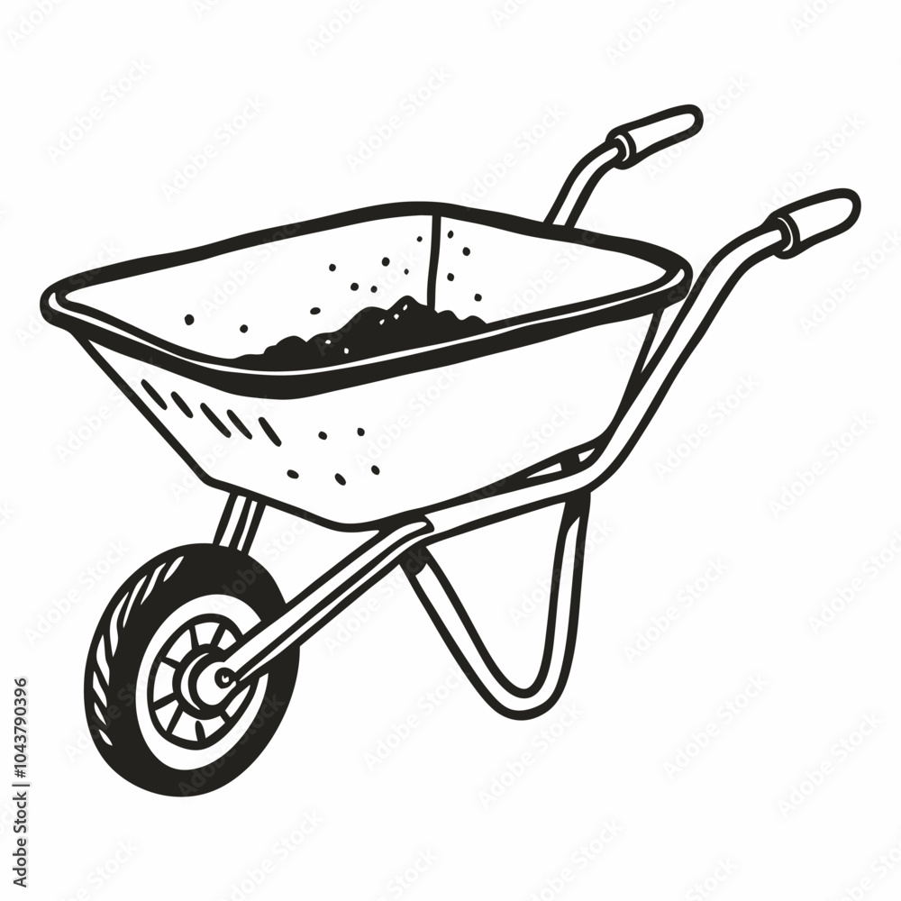 Hand Drawn Vector Illustration of a Wheelbarrow Filled with Soil for Gardening and Landscaping
