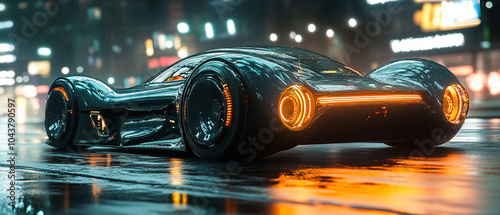 Futuristic Sports Car with Glowing Lights in a City at Night