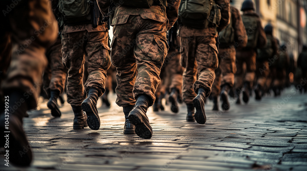 Army soldiers marching in formation down a city street, showcasing strength, discipline, and unity. Camouflage uniforms, sturdy boots, duty, service, and patriotism Army soldiers marching in formation down a city street, showcasing strength, discipline, and unity. Camouflage uniforms, sturdy boots, duty, service, and patriotism