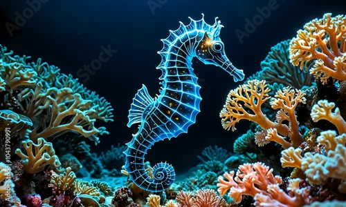 A glowing seahorse illuminated underwater surrounded by vibrant coral reef, magical marine life. seamless looping time-lapse 4K video background