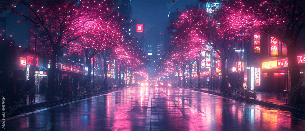 Neon Lights and Cherry Blossoms Illuminate Rainy City Street