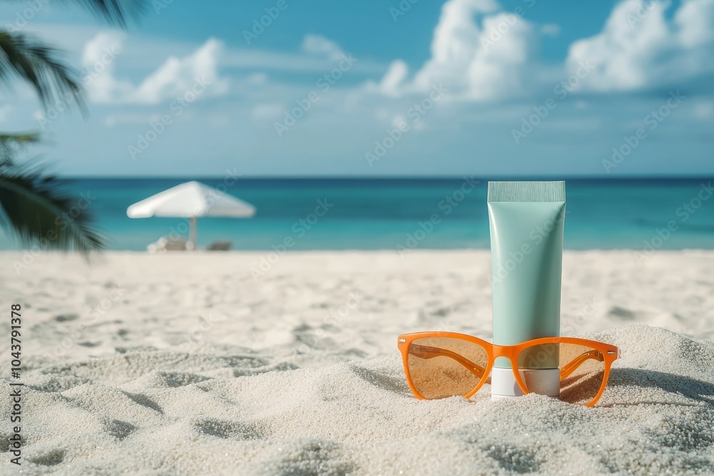Sun-Kissed Summer Essentials on Sandy Beach - Orange Sunglasses and Light Blue Sunscreen in Tropical Paradise Relaxation and Vacation Concept Sun-Kissed Summer Essentials on Sandy Beach - Orange Sunglasses and Light Blue Sunscreen in Tropical Paradise Relaxation and Vacation Concept