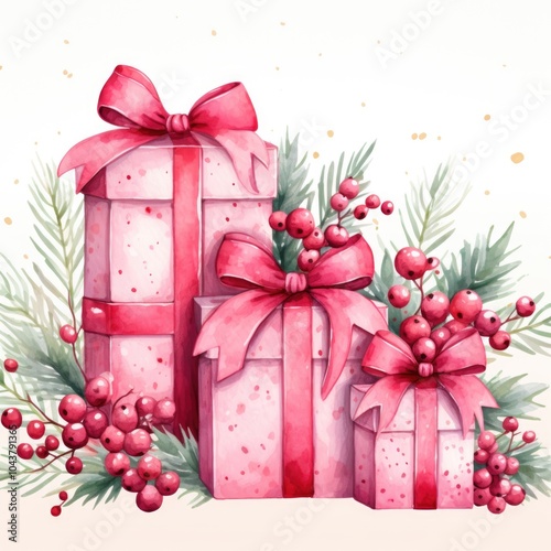 Festive Holiday Gifts with Red Bows and Berry Decorations