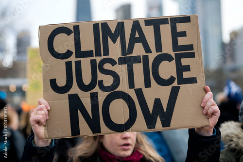 Climate Justice Now sign at environmental protest – climate change activism, global justice movement, and demand for social and environmental equity	