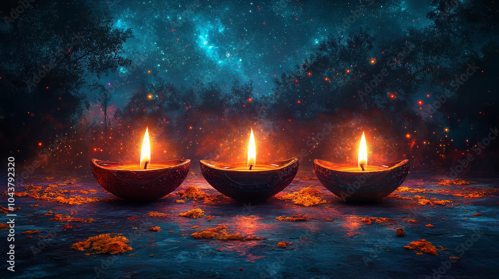 three oil lamps illuminated in the forest at night three oil lamps illuminated in the forest at night