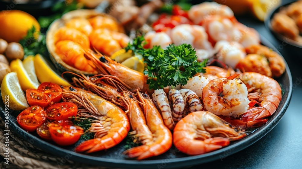 A vibrant seafood platter with shrimp, fish, and garnishes. A vibrant seafood platter with shrimp, fish, and garnishes.