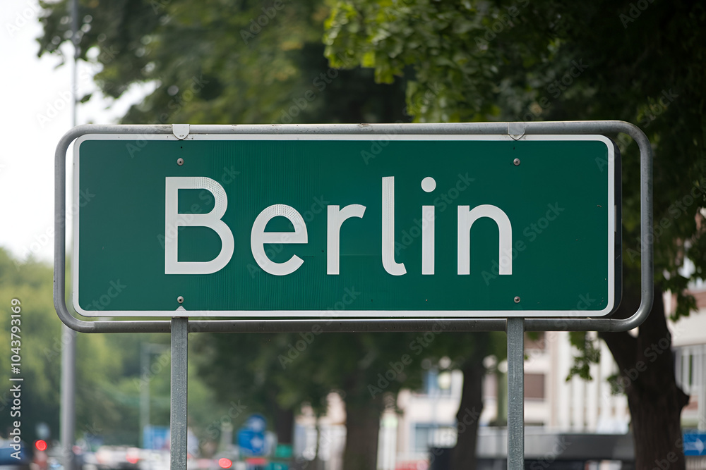 Green road sign for Berlin – directional city sign, travel guidepost, and iconic signage in Germany	