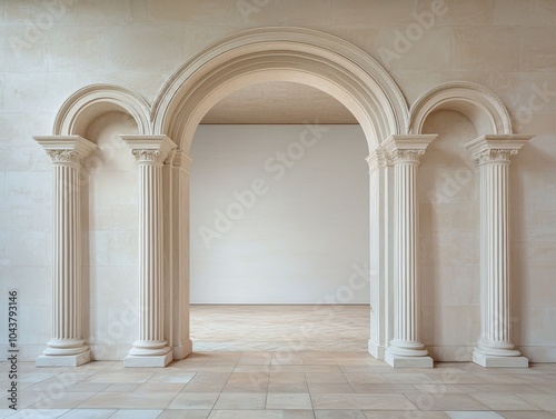 Elegant Fluted Columns and Arches in Serene Interior Space, Luxurious Symmetry and Minimalist Design