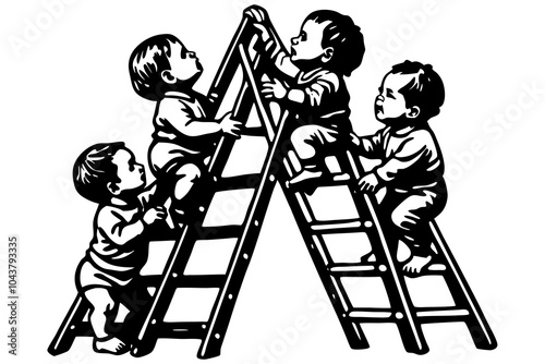  Group of babies climbing on stepladder over white background