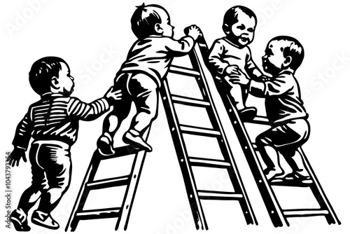  Group of babies climbing on stepladder over white background
