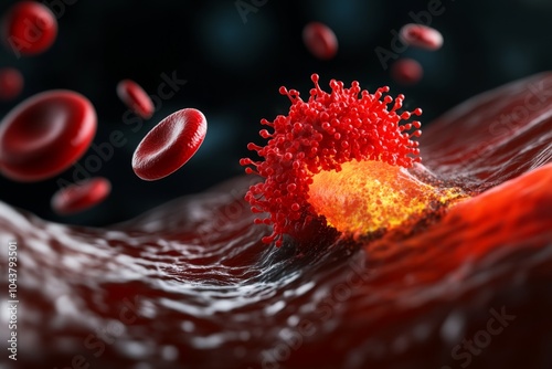 Platelet adhesion to a damaged blood vessel, showing the process of clot formation at the microscopic level