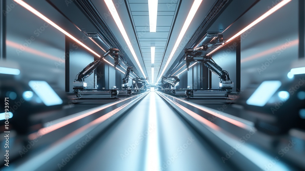 Futuristic industrial corridor with robotic arms and illuminated pathways. Futuristic industrial corridor with robotic arms and illuminated pathways.