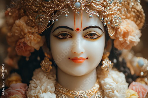 white statue of hindu god vishnu decorated