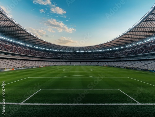 Soccer Stadium Grandeur Wide-Angle View of Green Field and Throngs of Spectators in Concrete Stands - Sporting Event Excitement and Anticipation