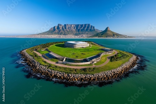 Robben Island off the coast of Cape Town, with its historic prison buildings and the distant outline of Table Mountain on the horizon