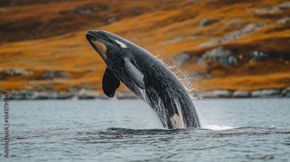 Obraz premium A whale breaching the water's surface in a scenic landscape.