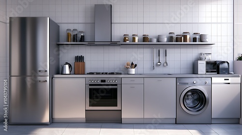 Modern Kitchen Interior Design with Integrated Appliances: Sleek White Cabinets, Stainless Steel Fixtures, Minimalist Layout – Ideal for Contemporary Home, Apartment, or Architectural Visualization