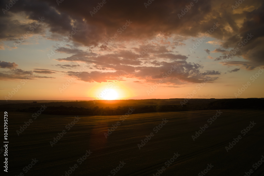 Aerial landscape view of yellow cultivated agricultural field with ripe wheat on vibrant summer evening Aerial landscape view of yellow cultivated agricultural field with ripe wheat on vibrant summer evening