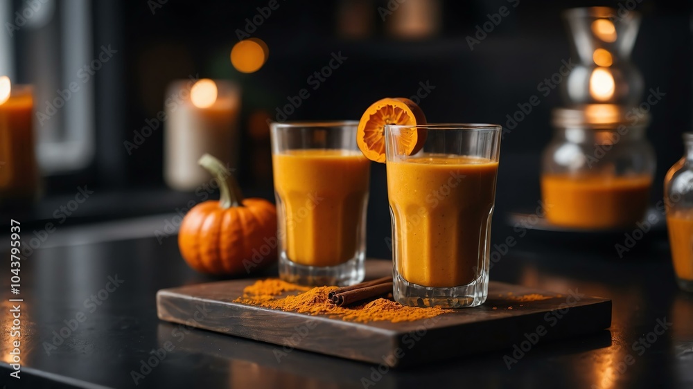 Aesthetic preparation of pumpkin spice smoothie on a black themed kitchen. bokeh style. Aesthetic preparation of pumpkin spice smoothie on a black themed kitchen. bokeh style.