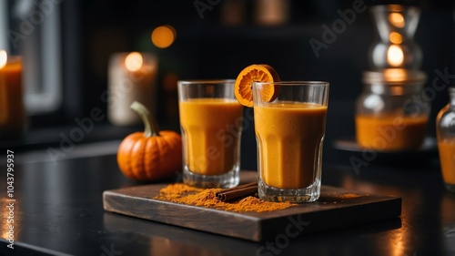 Aesthetic preparation of pumpkin spice smoothie on a black themed kitchen. bokeh style.