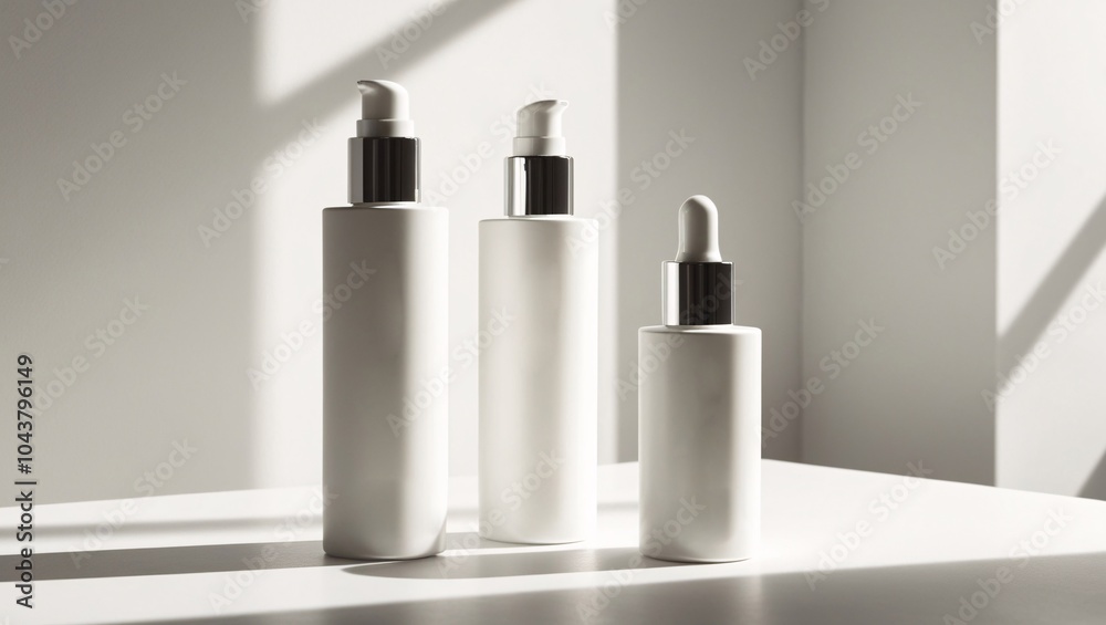 Three sleek skincare bottles in varying sizes are beautifully arranged on a clean surface, illuminated by soft natural light casting subtle shadows. The simple design emphasizes elegance Three sleek skincare bottles in varying sizes are beautifully arranged on a clean surface, illuminated by soft natural light casting subtle shadows. The simple design emphasizes elegance