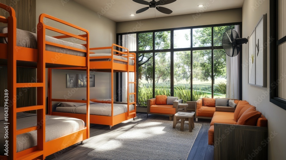 Fototapeta premium Cozy and modern dormitory setup featuring orange bunk beds for six, a fan, and inviting seating near a large window.