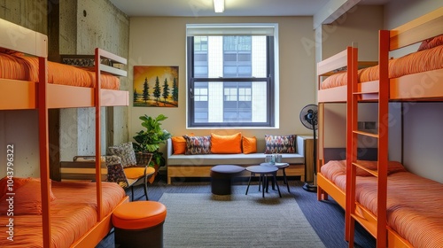 Cozy and modern dormitory setup featuring orange bunk beds for six, a fan, and inviting seating near a large window.