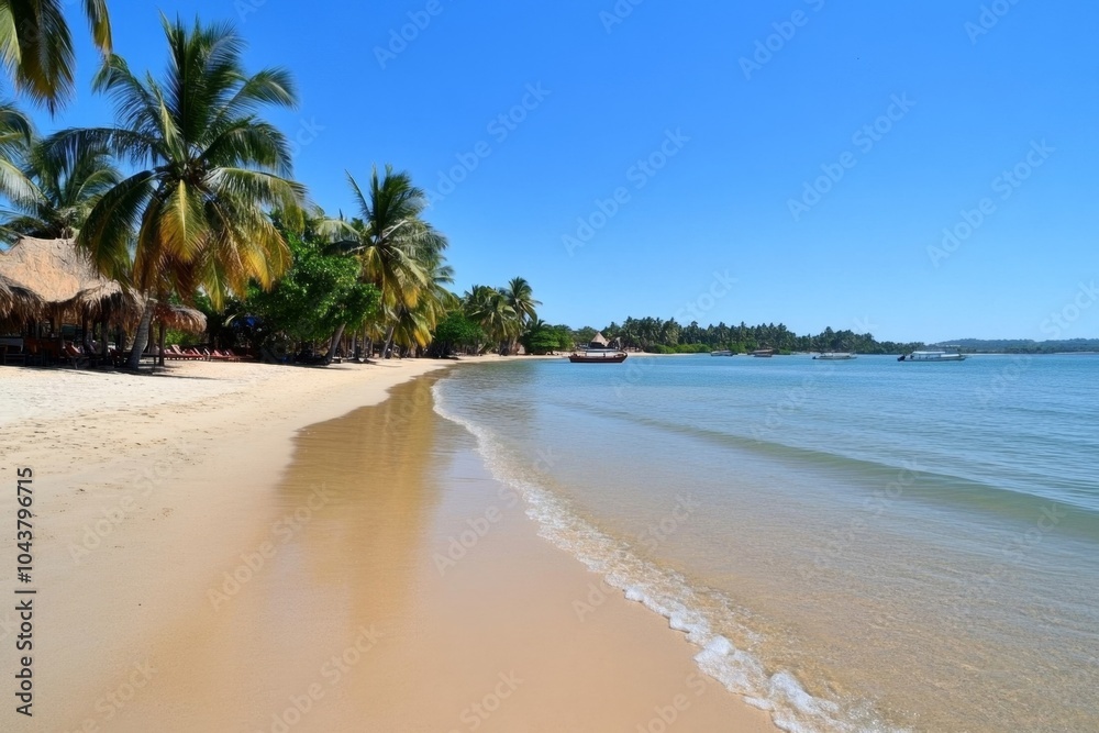 The golden sands of Bentota Beach, with coconut palms swaying in the breeze and clear turquoise waters stretching out to the horizon The golden sands of Bentota Beach, with coconut palms swaying in the breeze and clear turquoise waters stretching out to the horizon