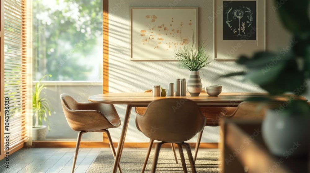 Fototapeta premium Cozy dining nook with a mid-century modern Scandinavian design, including wood and leather chairs, soft colors, and simple elegance.
