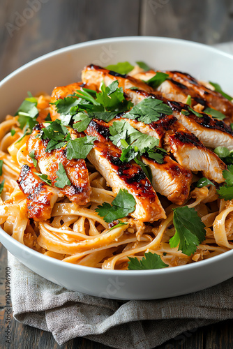 Delicious grilled chicken over noodles with fresh herbs and dressing a flavorful culinary experience photo