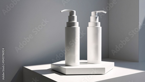 Wallpaper Mural Two sleek white bottles rest on a minimalist pedestal, beautifully illuminated by natural light from a nearby window. The elegant design emphasizes simplicity and sophistication Torontodigital.ca
