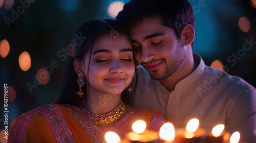 A joyful young couple celebrates Diwali surrounded by glowing diyas