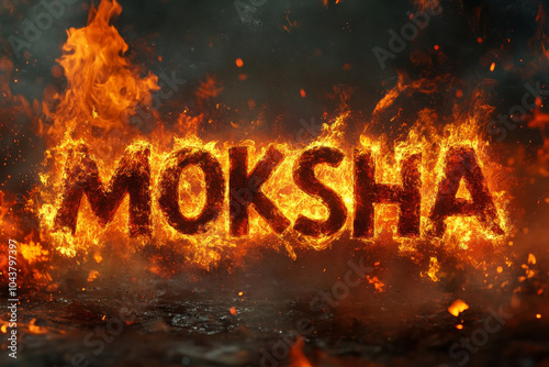 word 'Moksha' engulfed in vivid, roaring flames against a dark, smoky backdrop, emphasizing transformation photo