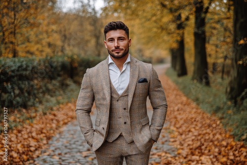 Man walking down a tree lined path in autumn wearing a beige tweed suit embodying classic menswear with a timeless elegance and rich seasonal textures