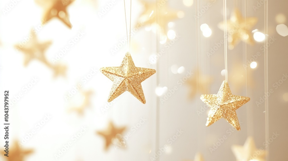 Delicate gold stars floating on thin strings against a white background, offering a soft and elegant visual. Delicate gold stars floating on thin strings against a white background, offering a soft and elegant visual.