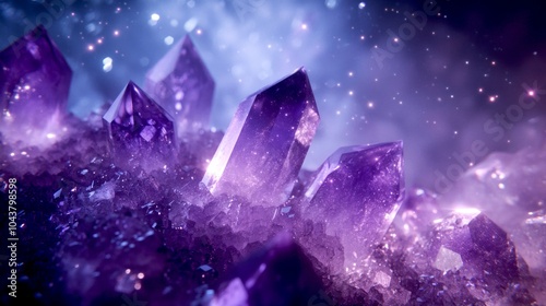 Beautiful amethyst crystals sparkle in a dreamy atmosphere. These stunning purple gems radiate ethereal light and create a mysterious allure. A perfect visual for artistic projects. AI