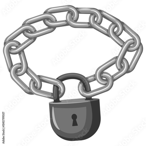 Chain with iron links and padlock vector illustration. Detention or imprisonment, arrest, restriction of freedom, constraint symbol. Obsolete heavy irons, silver jail chain, criminal design object