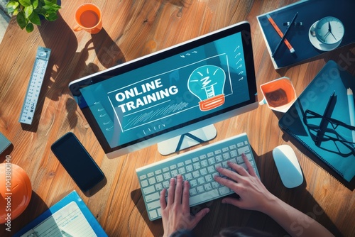 Plakat E-learning and online training concept on a tablet screen.