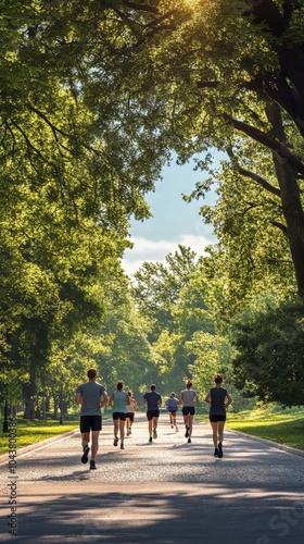 Wallpaper Mural Diverse group of individuals jogging and sprinting on a path through a park filled with green trees and a clear blue sky. Athleisure people working out. Ultra realistic. Photorealistic Torontodigital.ca