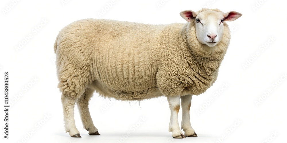 Fototapeta premium Ryeland sheep breed isolated on white background at Tilted Angle