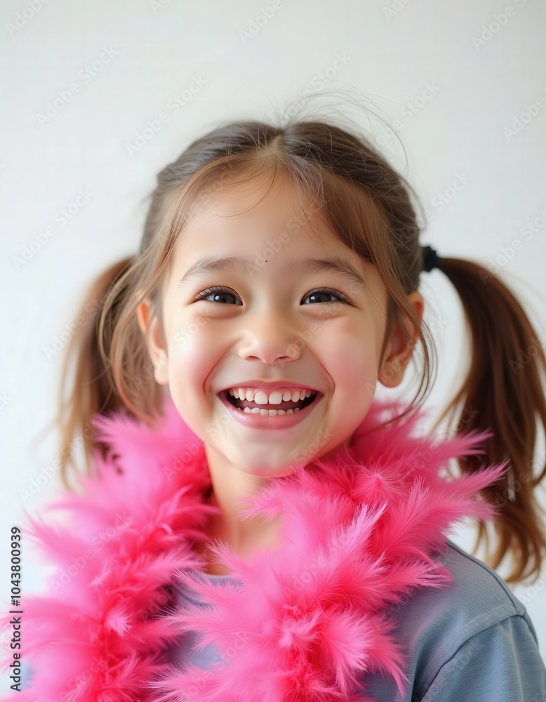Portrait of a little girl smiling with pink feathers . Portrait of a little girl smiling with pink feathers .