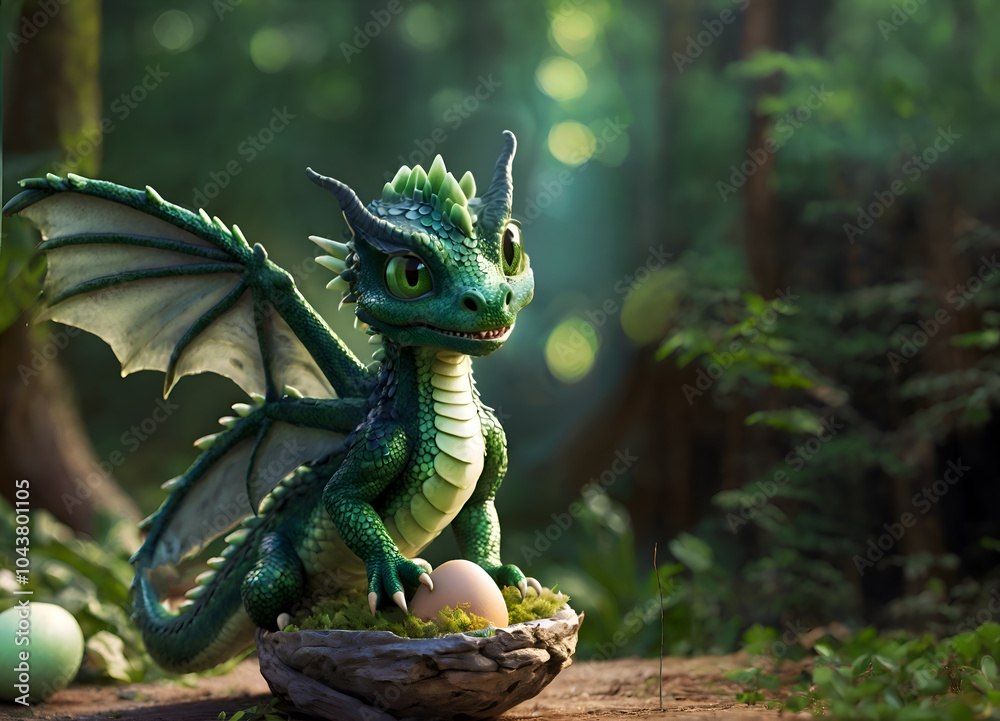 green dragon kid wearing egg. digital artwork. AI generated