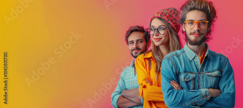 Energetic group of friends posing on a bold colored background with room for your message.