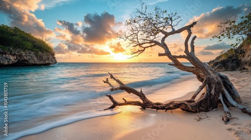 Driftwood Beach. Stunning Seascape at Barbados Beach with Yacht and Sunset
