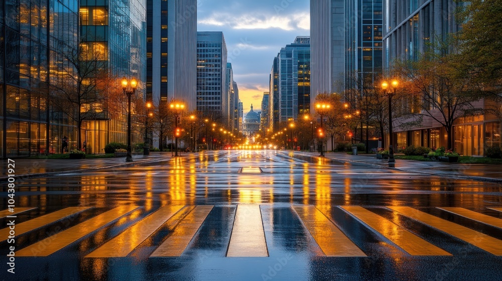 Fototapeta premium City street at sunset reflecting lights after rain.
